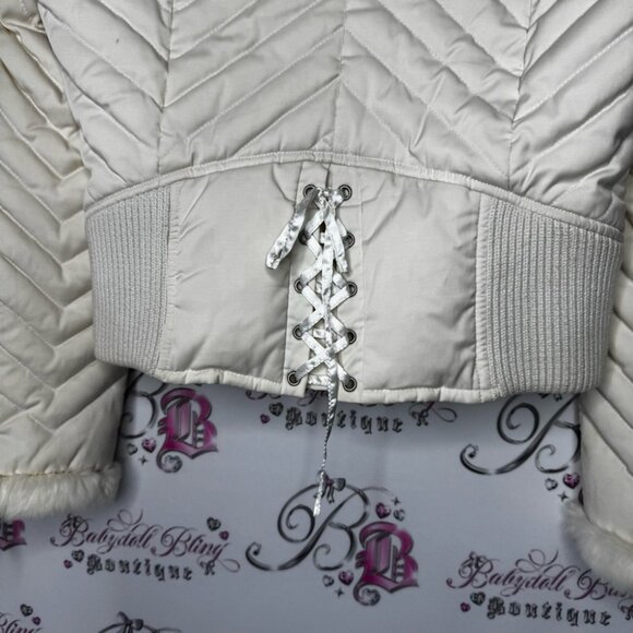 Bebe corset coat jacket snow bunny fur rabbit White Quilted Jacket Fur Trim hood - Picture 9 of 16